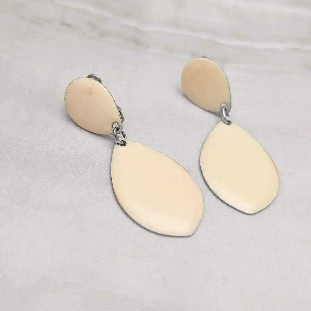 Vintage Napier Clip On Earrings Large Drop Dangle Cream Enamel - Fair Condition